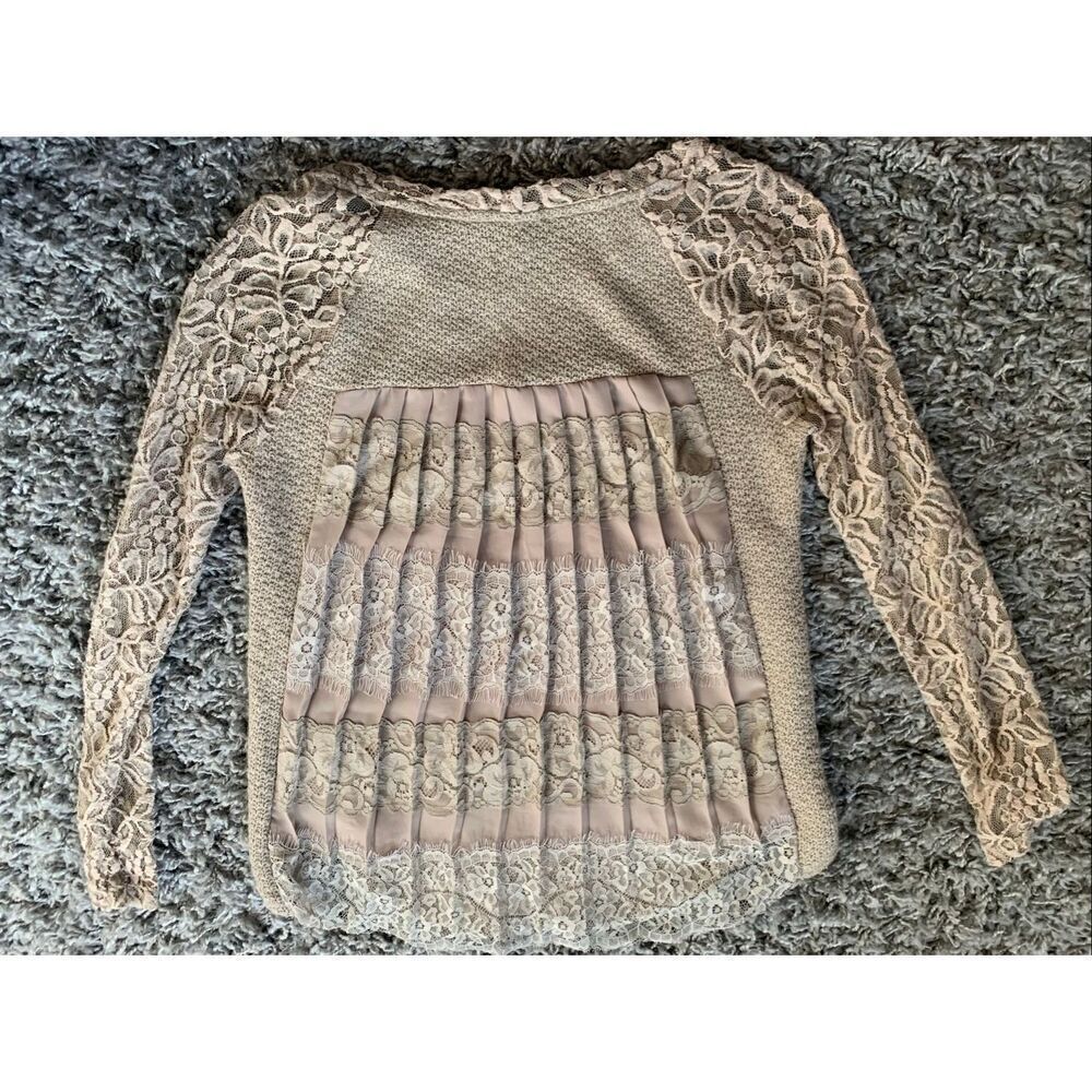 One September ANTHROPOLOGIE Rosanella Tan Pleated Lace Knit Tunic Top sz XS